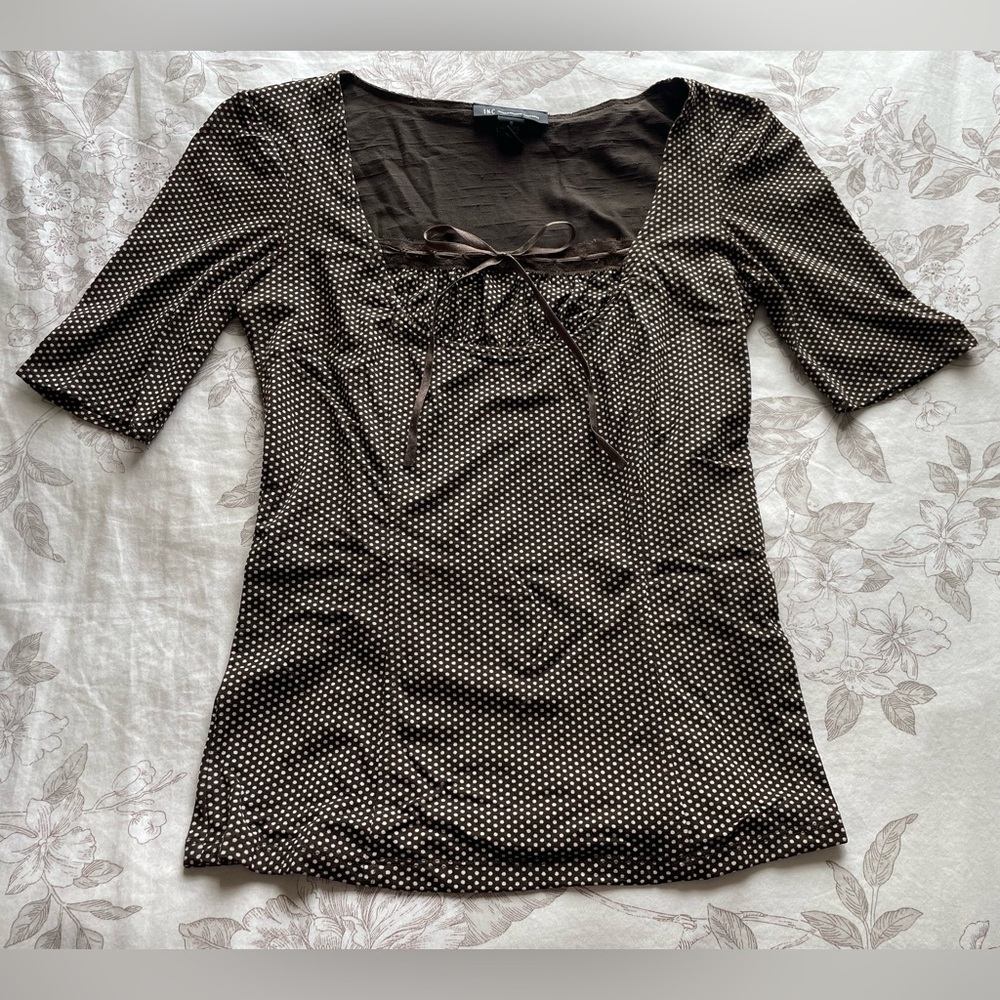 Y2K Nylon Brown White Polka Dot Micro Mesh Bow Top Small Coquette Cottage Office